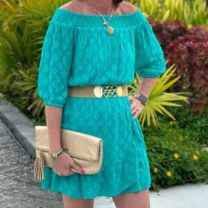Lilly Pulitzer Rochelle Off-the-Shoulder Dress Romper | Turquoise Green | Size S